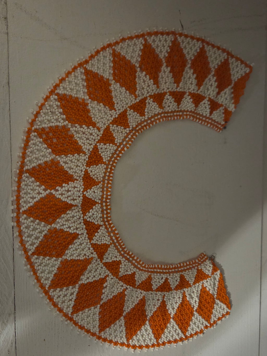 Vintage Handcrafted Orange & White Geometric Seed Bead Collar Necklace
