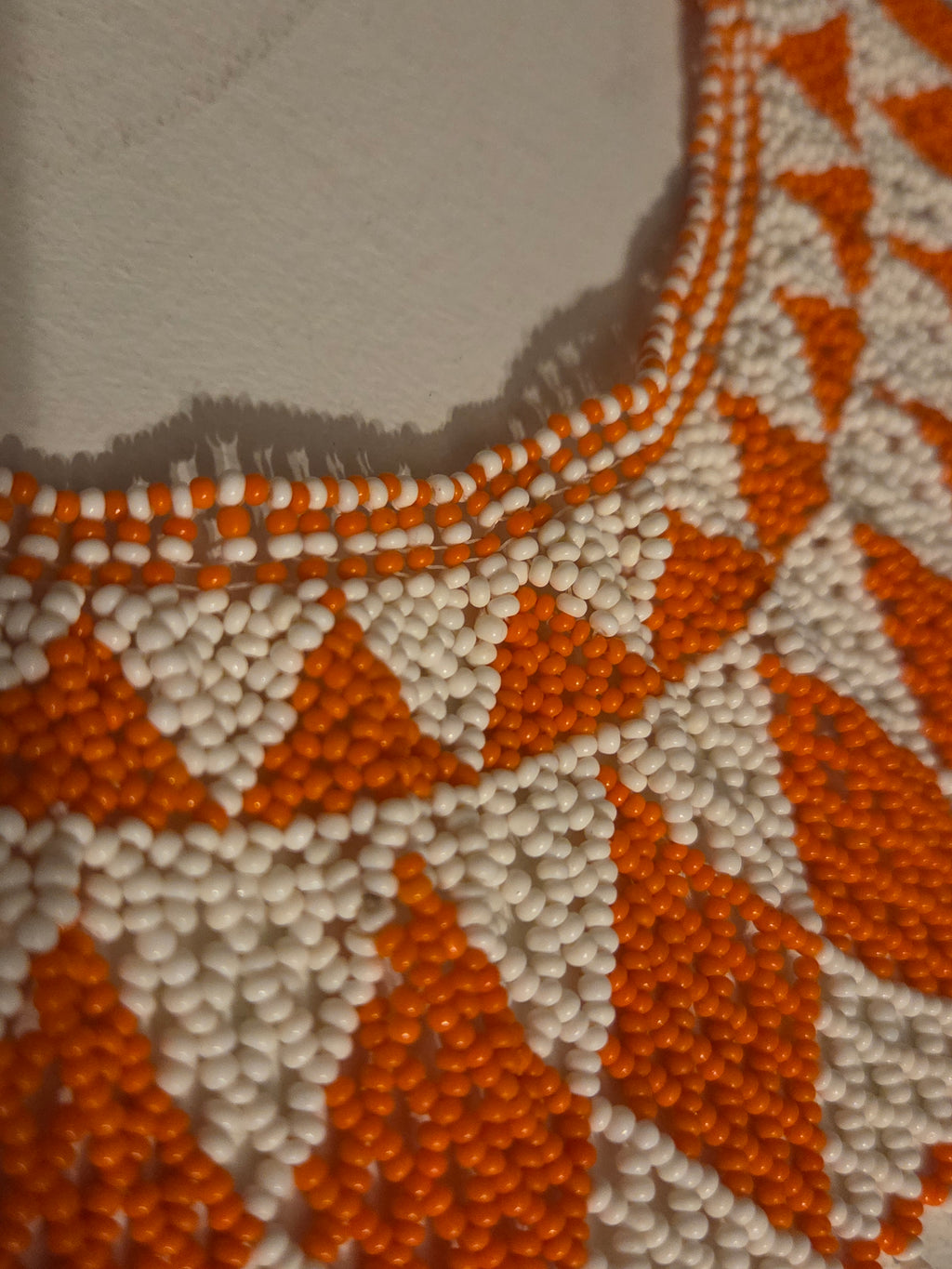 Vintage Handcrafted Orange & White Geometric Seed Bead Collar Necklace