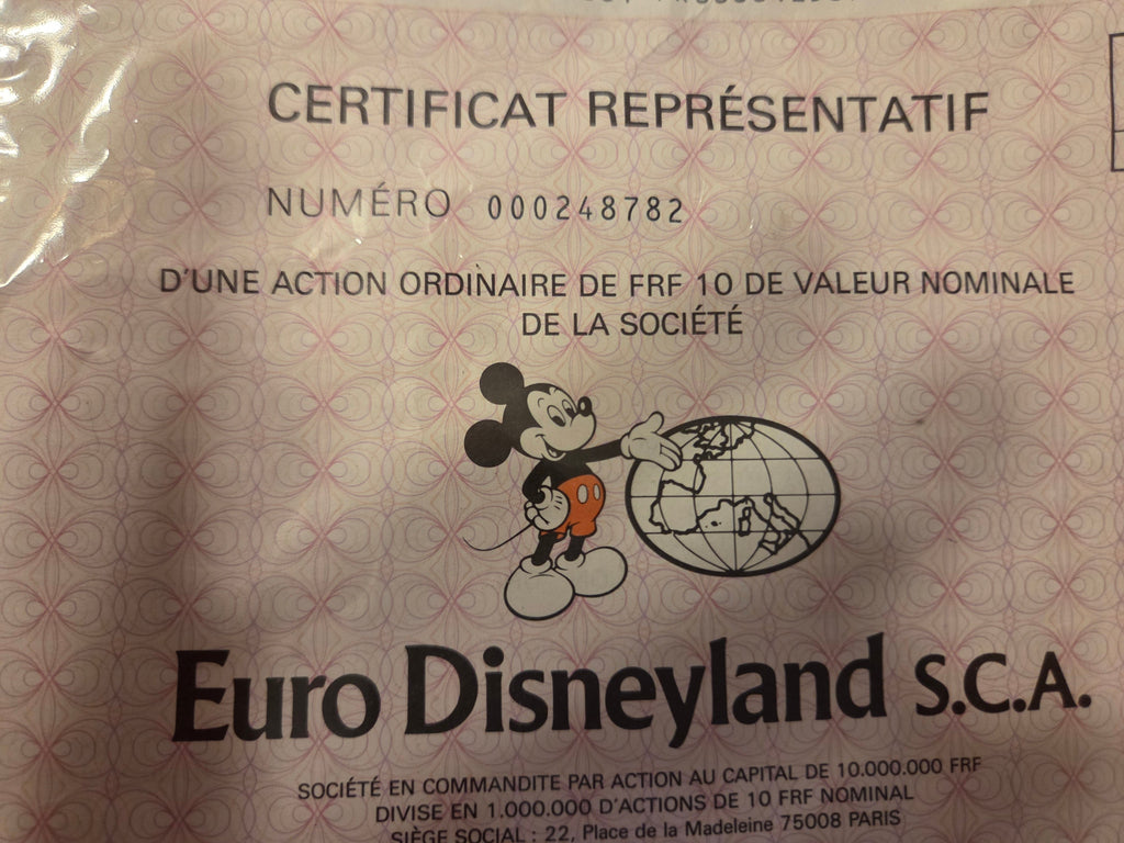 Euro Disneyland S.C.A. Stock Certificate