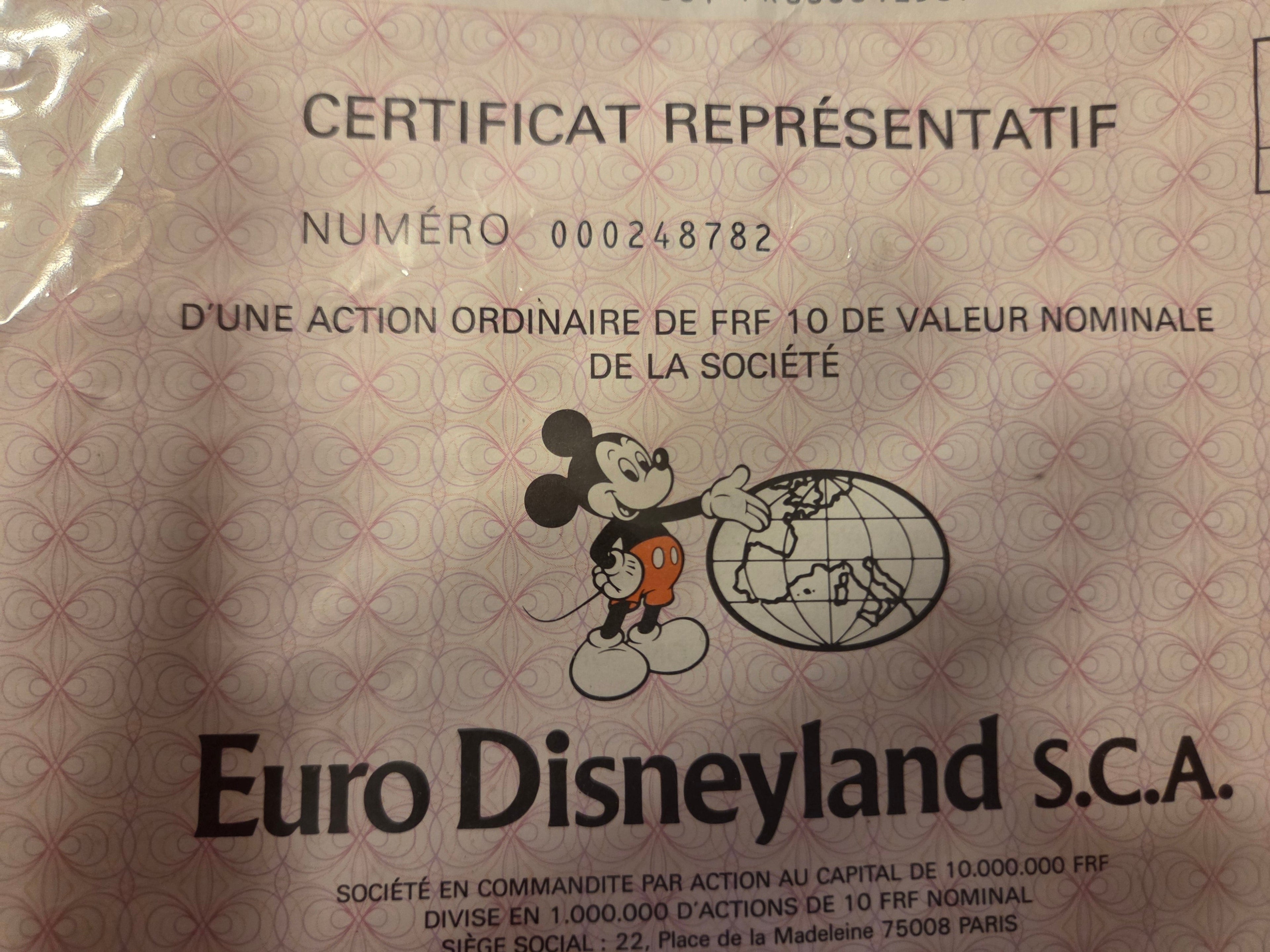 Euro Disneyland S.C.A. Stock Certificate