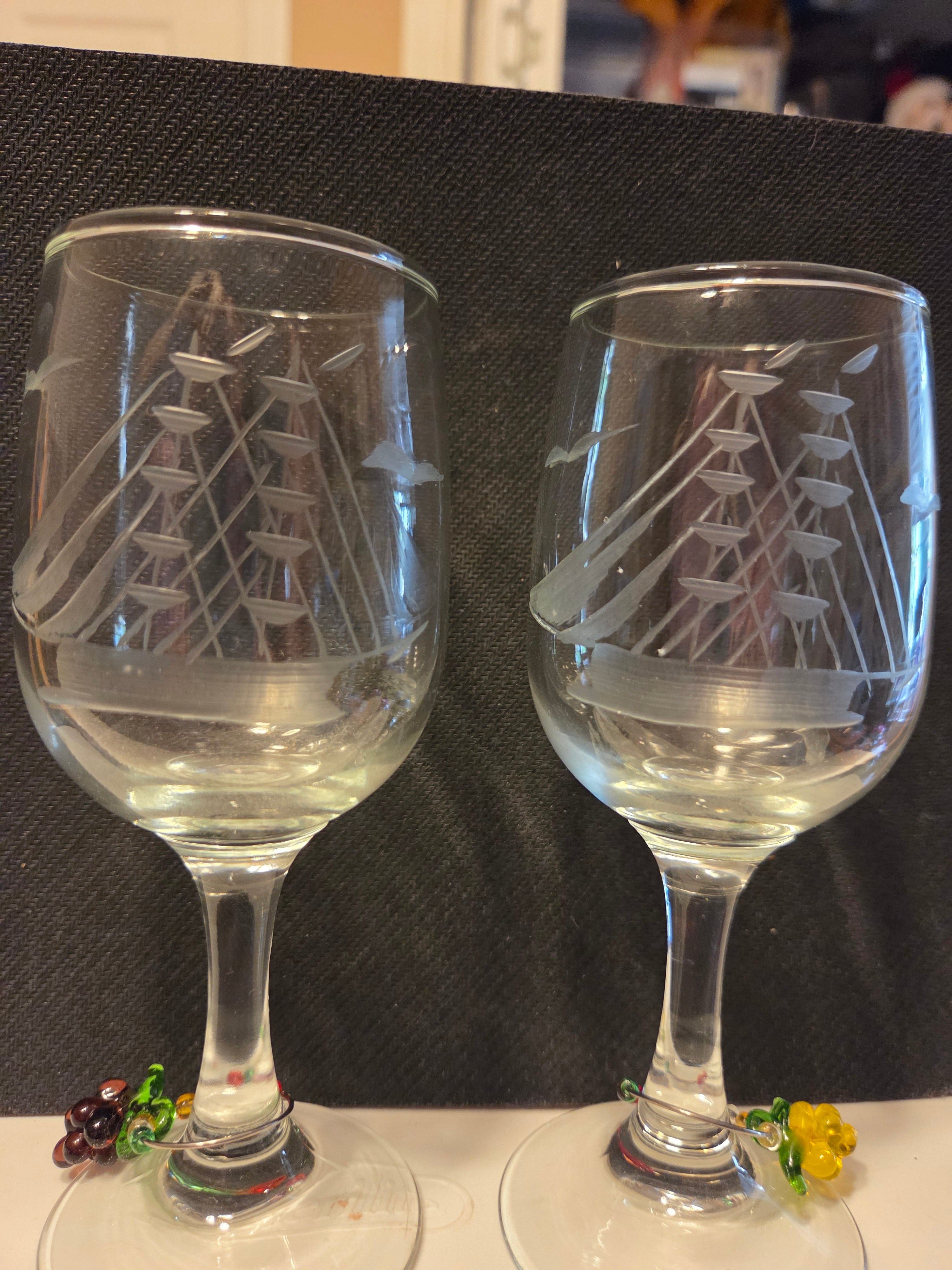 Vintage Fine Etched Crystal Stemmed Wine Glasses (2) w/ decoration