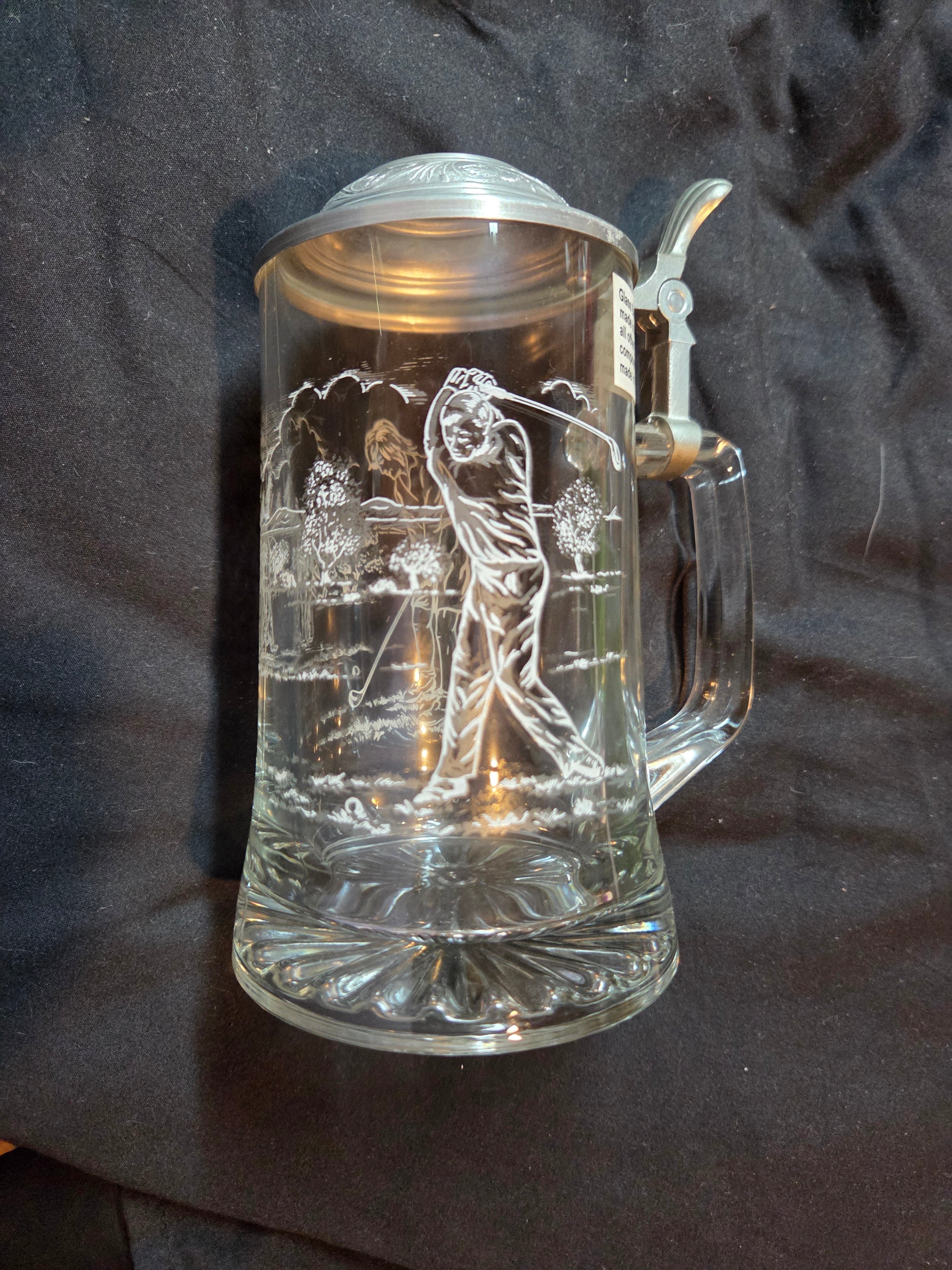 Vintage German Glass Beer Stein #47 – Man & Woman Golfers | Pewter Lid | 1/2L | Preowned