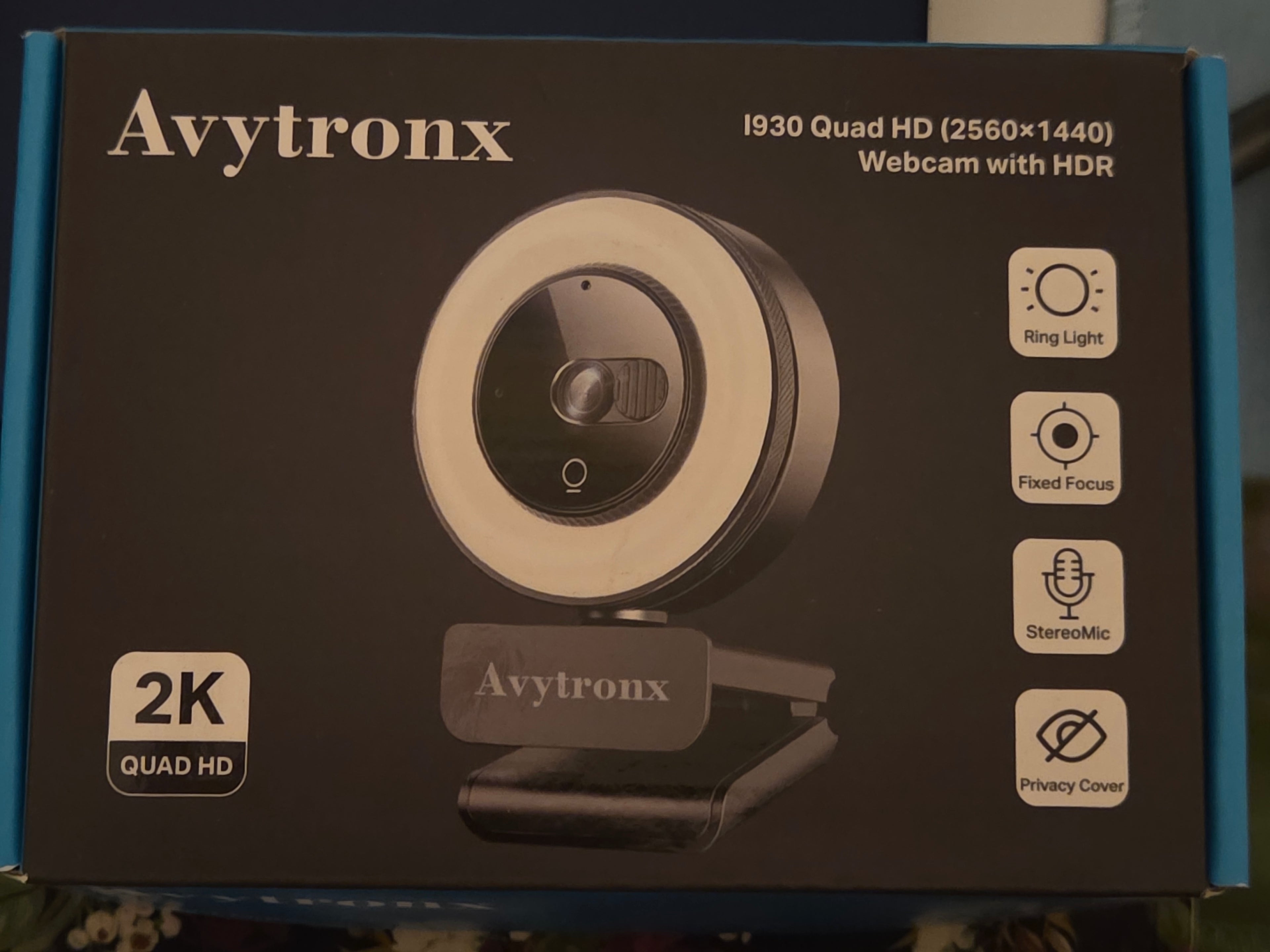 Avytronx 2K Quad HD Webcam with Ring Light, Stereo Microphone & Privacy Cover
