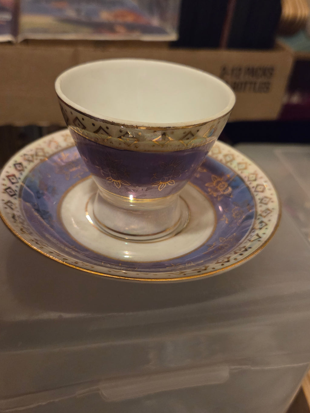 Vintage Japan Lusterware Teacup & Saucer Set – Purple/Cobalt Blue Iridescent with Gold Floral