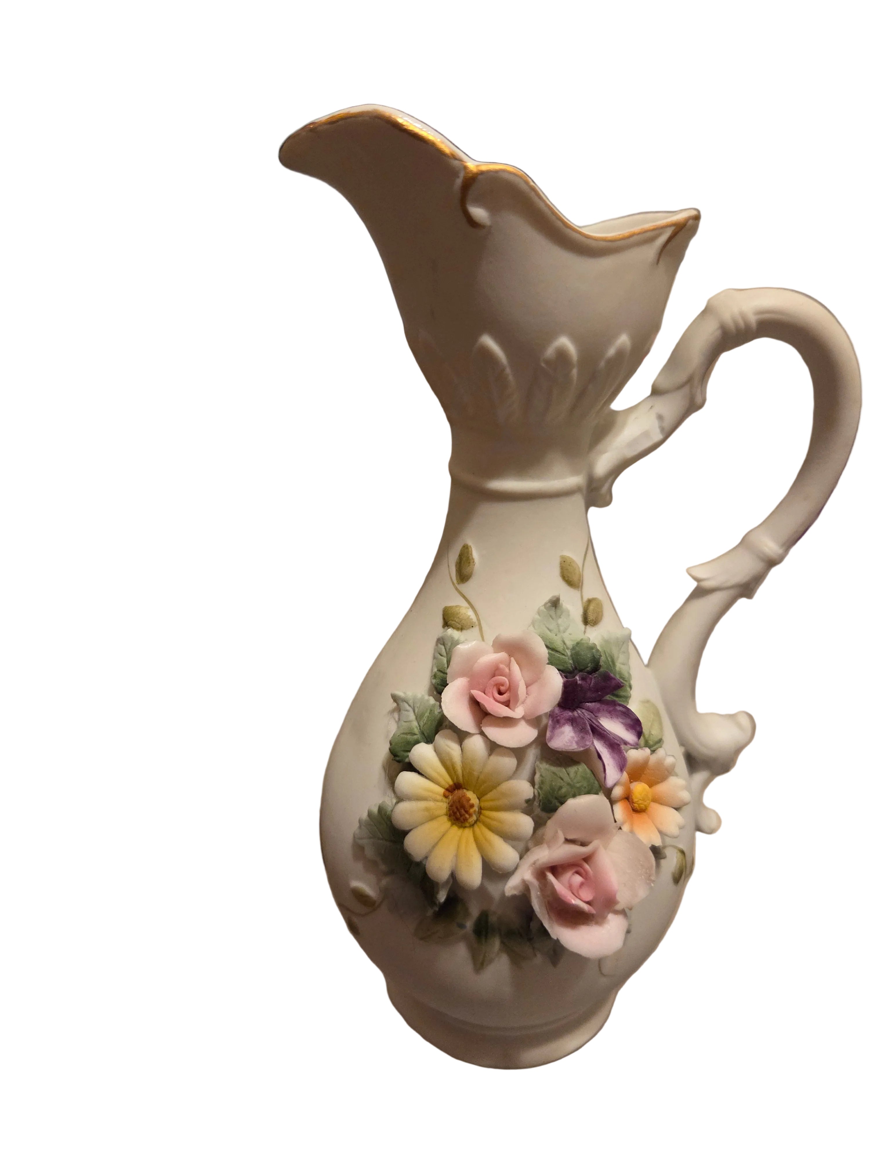 Vintage Lefton Porcelain Bisque Floral Pitcher Vase — 7 Inches