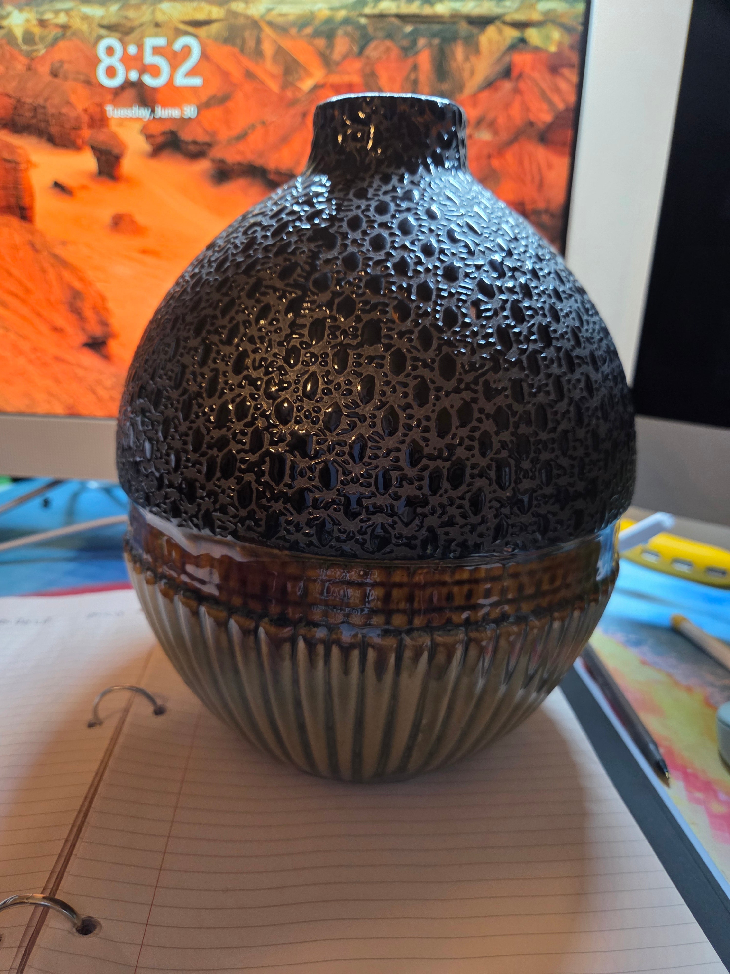 Decorative Ceramic Vase — Black Honeycomb Texture & Brown Ribbed Glaze Preowned