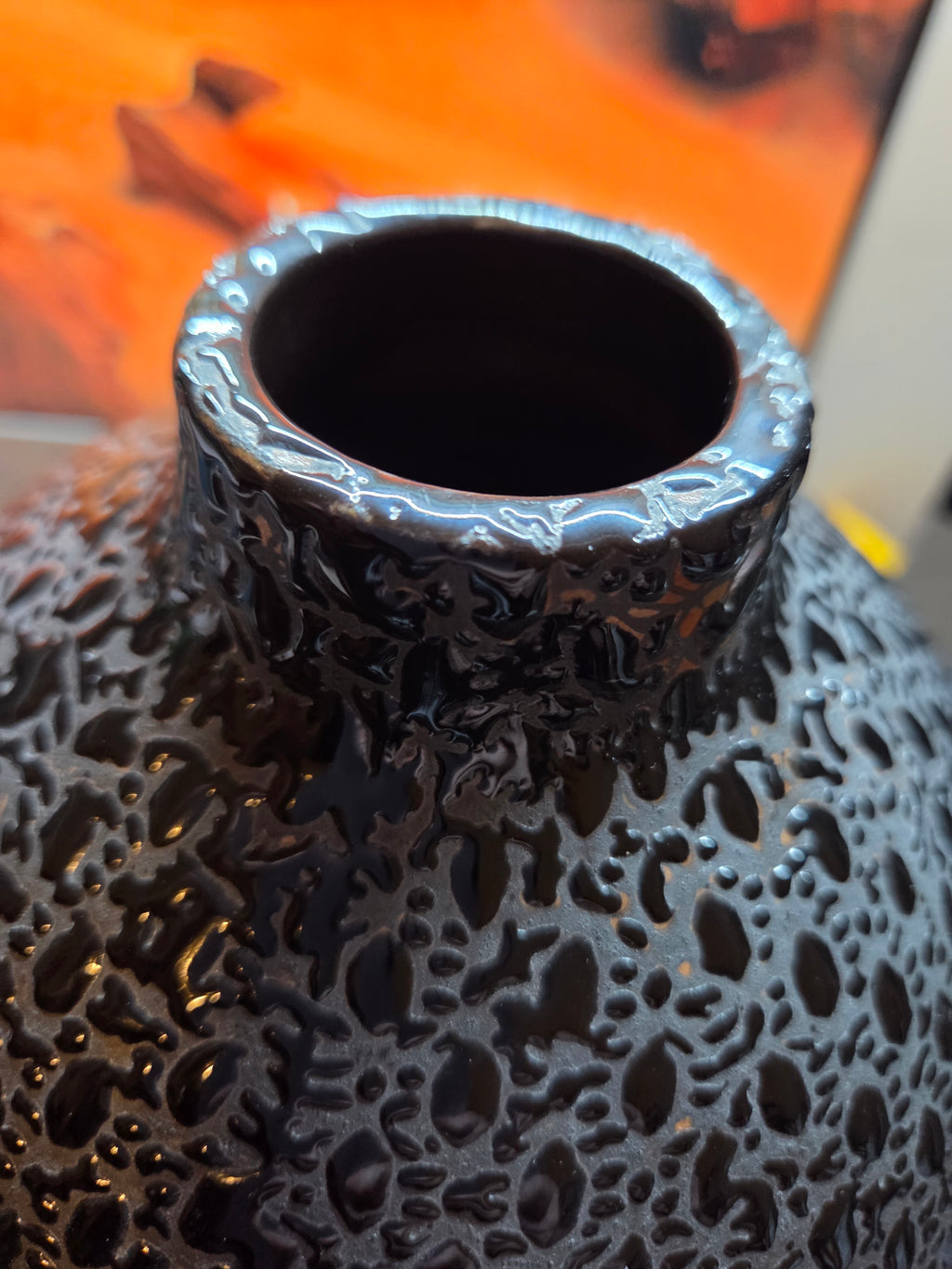 Decorative Ceramic Vase — Black Honeycomb Texture & Brown Ribbed Glaze Preowned