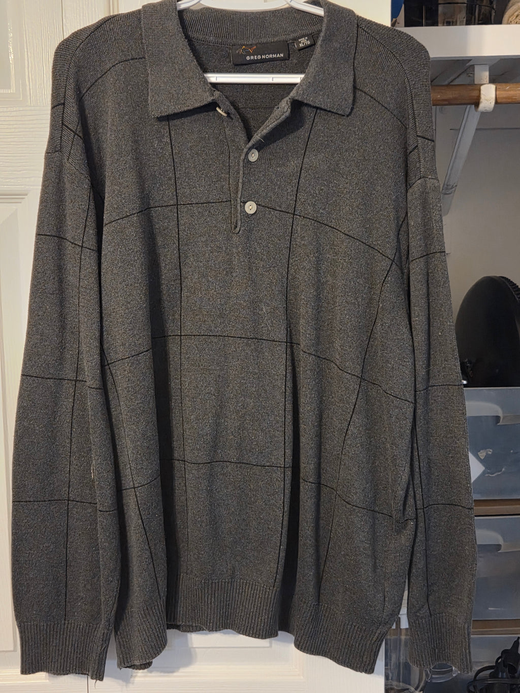 Greg Norman Charcoal Gray Windowpane Check Sweater (Men's XL) Preowned