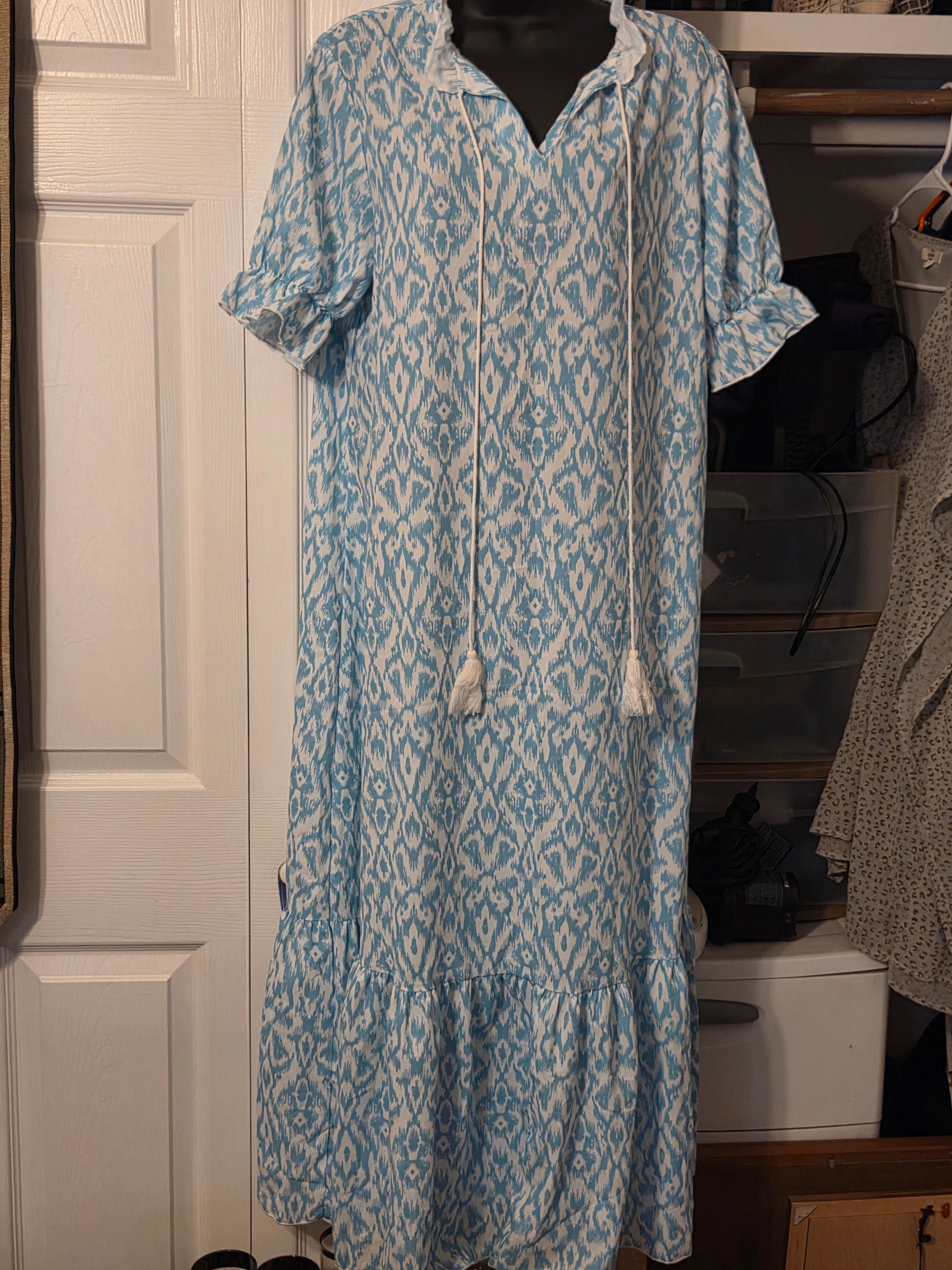 Blue & White Ikat Print Boho Maxi Dress V-Neck Tassel Tie (Free Size) Preowned