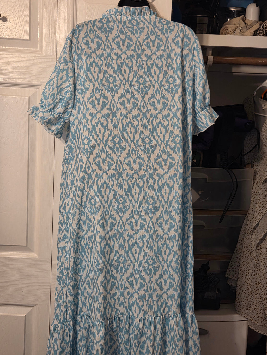 Blue & White Ikat Print Boho Maxi Dress V-Neck Tassel Tie (Free Size) Preowned