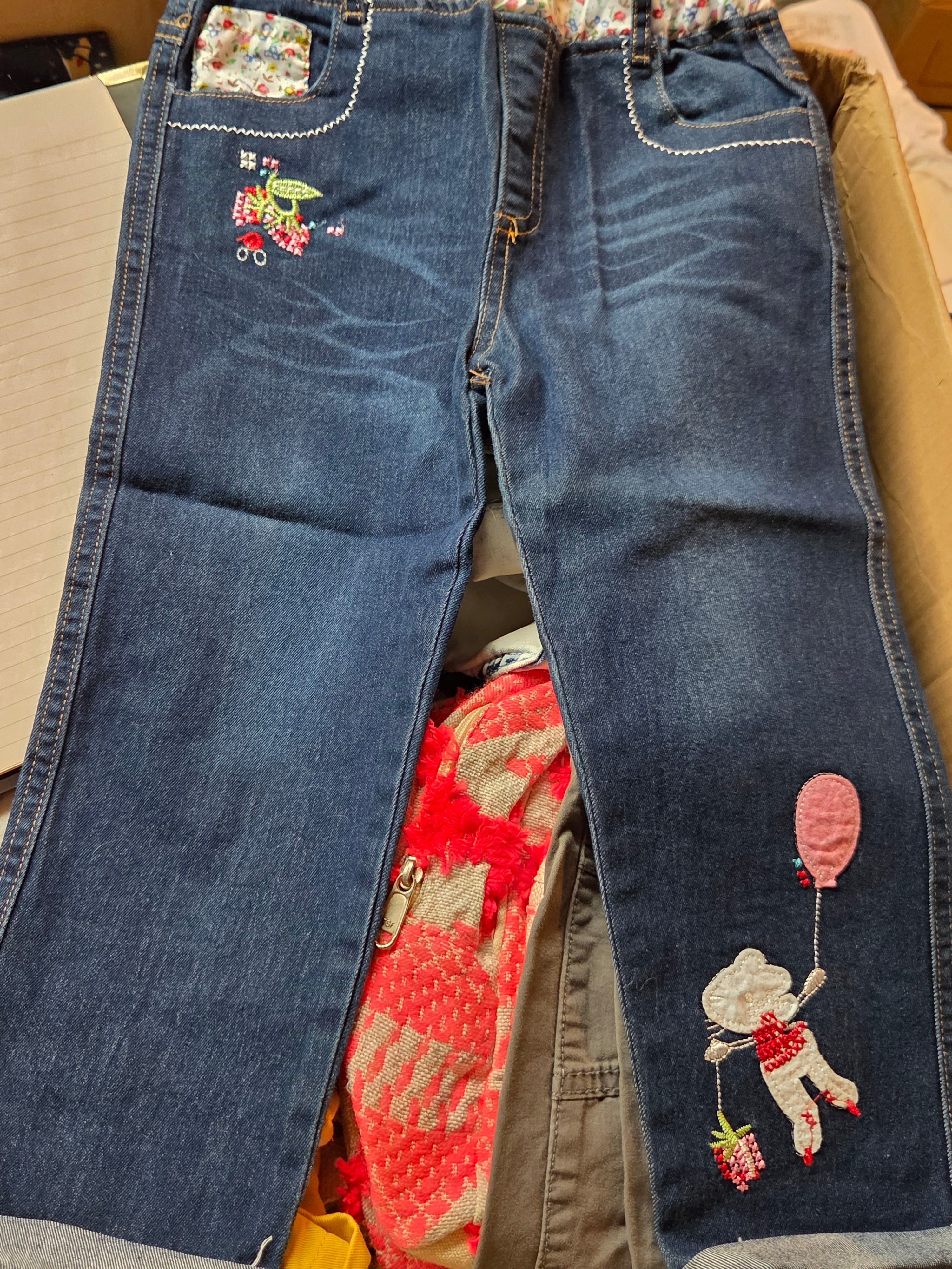 Kids Tales Girls Mouse Cartoon Embroidered Floral Elastic Jeans — Size 6-7