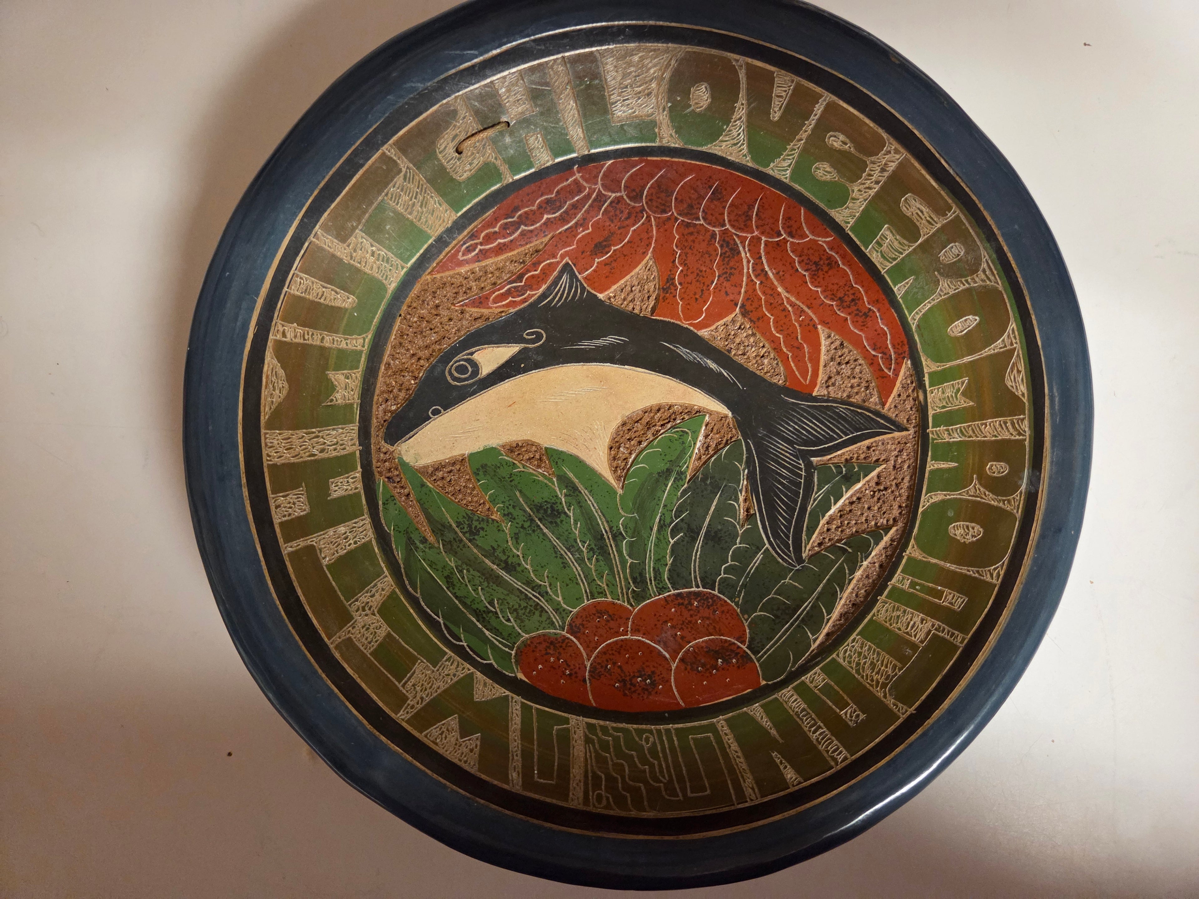"With Much Love from Roatan" Vintage Folk Art Ceramic Plate – Dolphin Motif (Preowned)