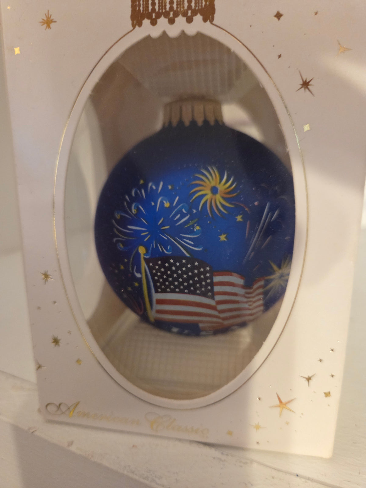 USA Flag and Fireworks Glass Ornament NIB