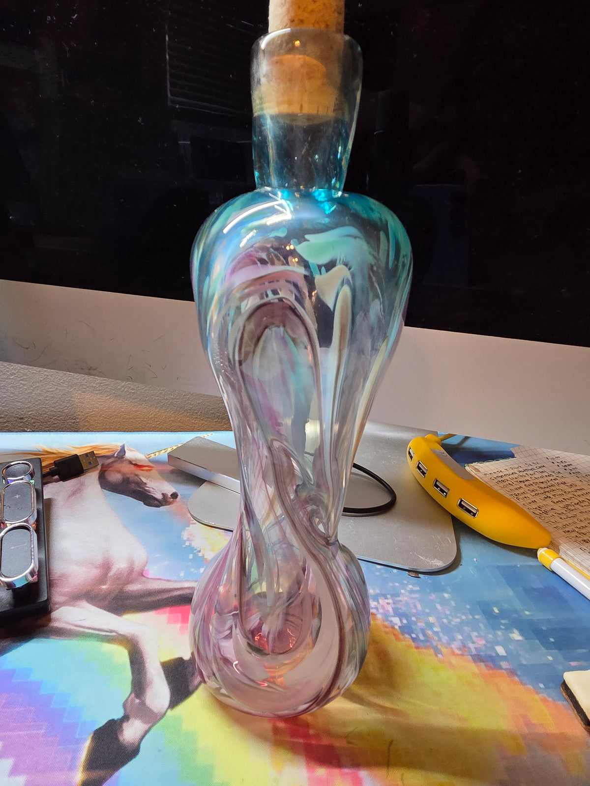 Hand-Blown Studio Art Glass Bottle Iridescent Turquoise Pink Swirl Preowned