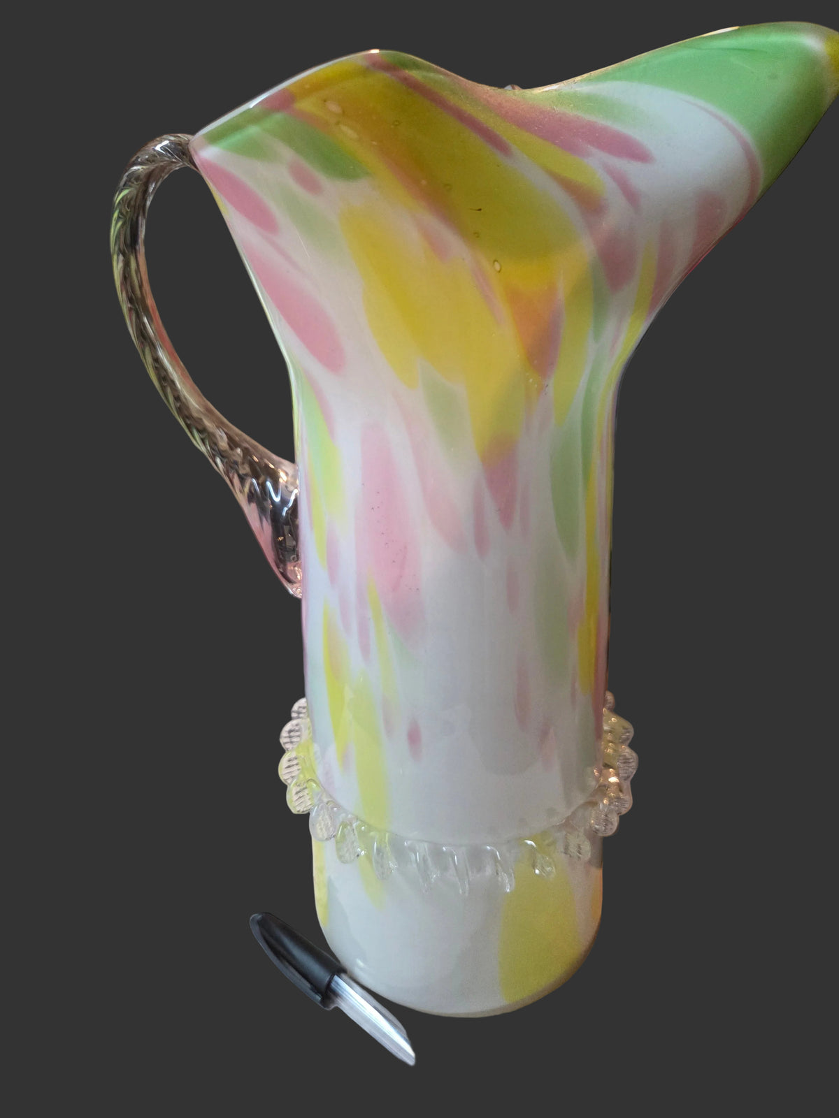 Vintage Hand-Blown Spatter Art Glass Pitcher – Cased White with Pink, Yellow & Green