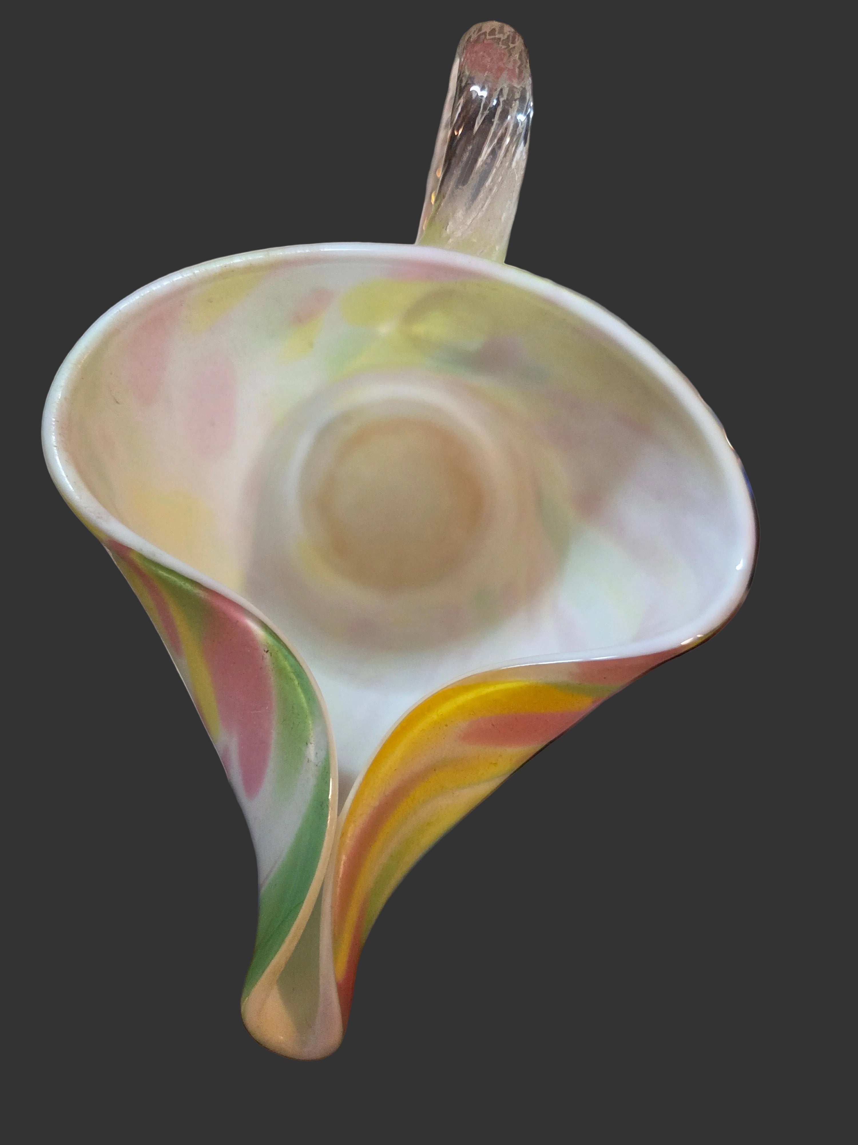 Vintage Hand-Blown Spatter Art Glass Pitcher – Cased White with Pink, Yellow & Green