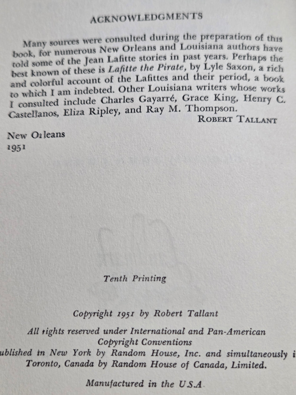 The Pirate Lafitte and the Battle of New Orleans – Robert Tallant (1951) Hardcover