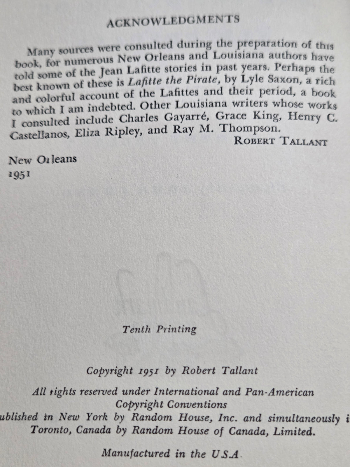The Pirate Lafitte and the Battle of New Orleans – Robert Tallant (1951) Hardcover