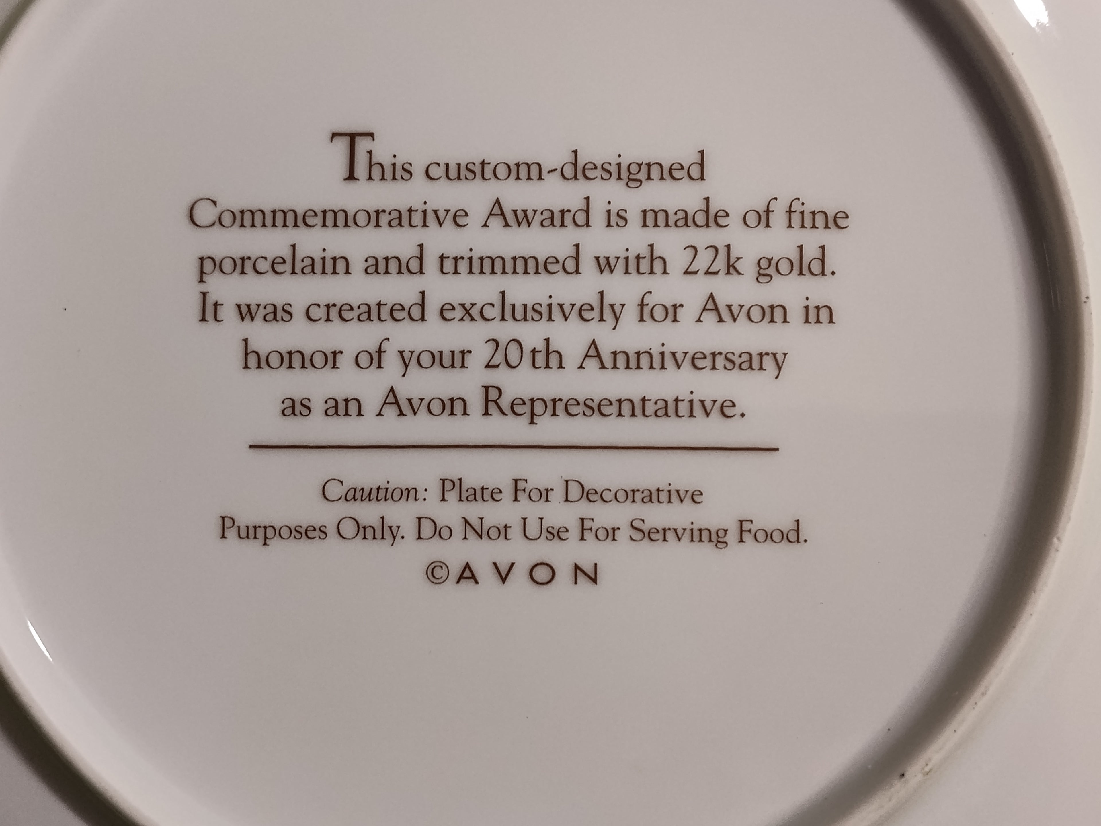 Avon First Representative Plate – 20th Anniversary, 22KT Gold Trim
