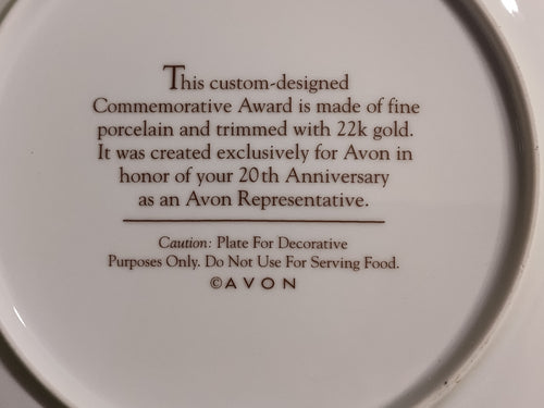 Avon First Representative Plate – 20th Anniversary, 22KT Gold Trim