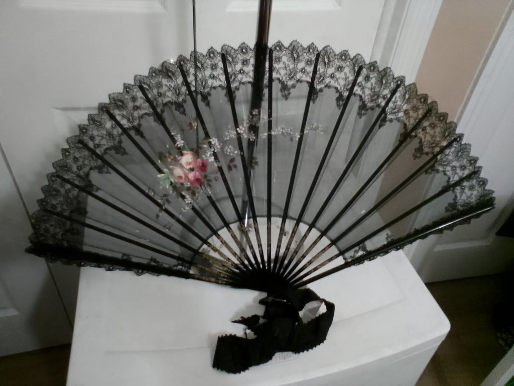 Antique Victorian Black Lace Mourning Fan – 14" with Grosgrain Ribbon