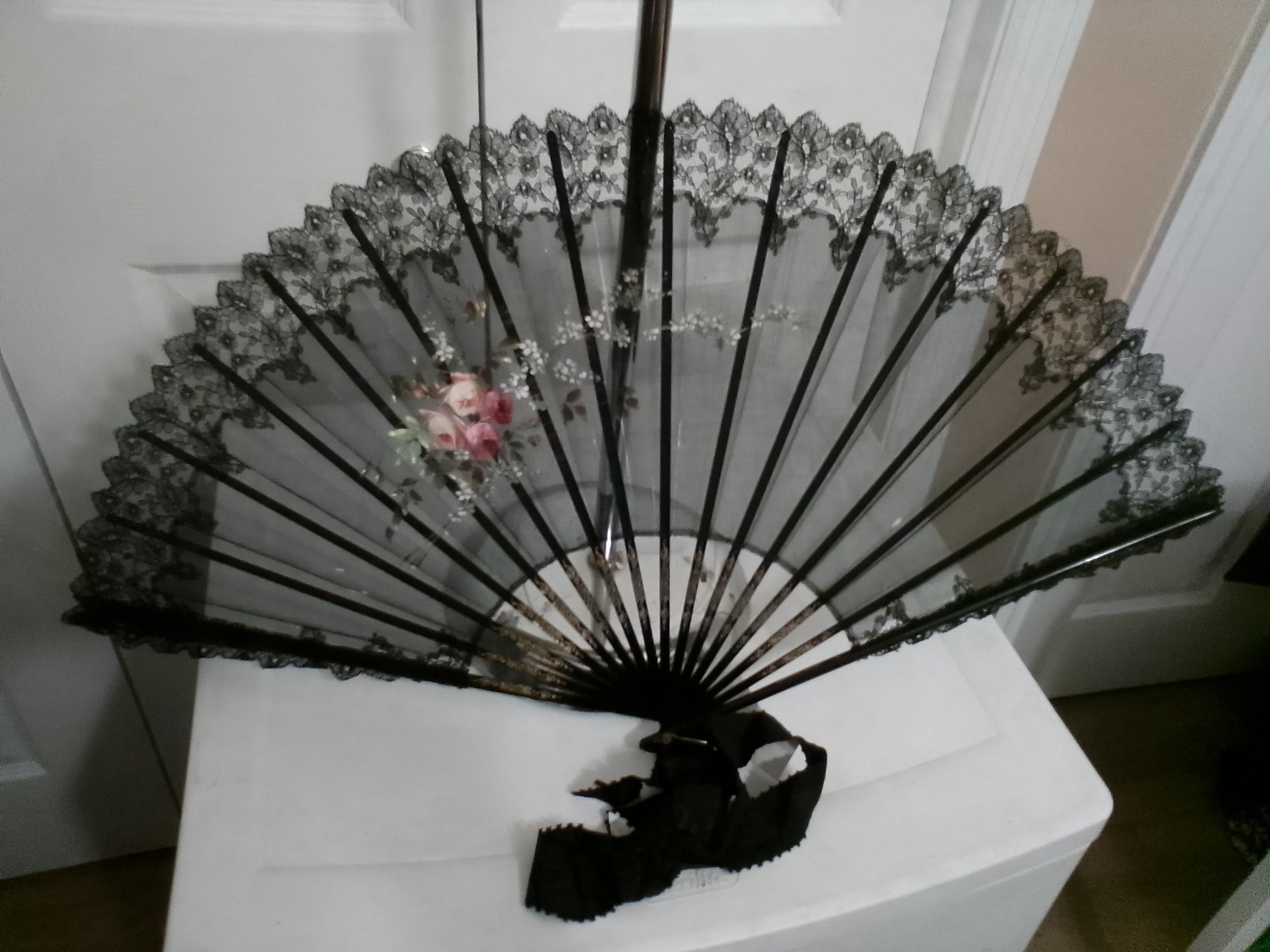 Antique Victorian Black Lace Mourning Fan – 14" with Grosgrain Ribbon