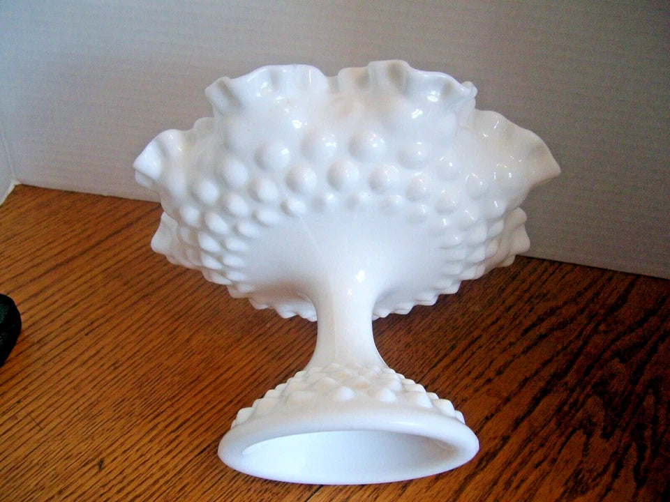 Vintage Fenton Hobnail Milk Glass Ruffled Edge Pedestal Candy Dish Compote