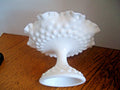 Vintage Fenton Hobnail Milk Glass Ruffled Edge Pedestal Candy Dish Compote