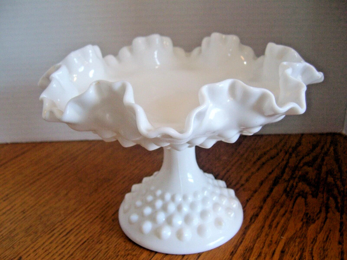 Vintage Fenton Hobnail Milk Glass Ruffled Edge Pedestal Candy Dish Compote