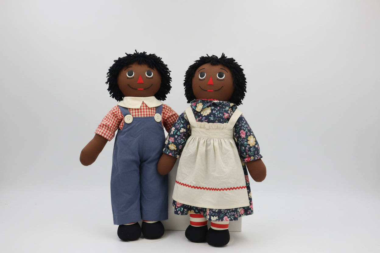 Vintage Black Raggedy Ann and Andy cloth dolls displayed together on neutral background