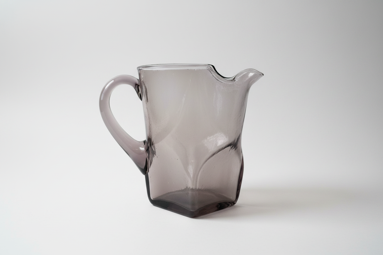 Vintage Morgantown smoky amethyst glass pitcher with pinched square base on clean background