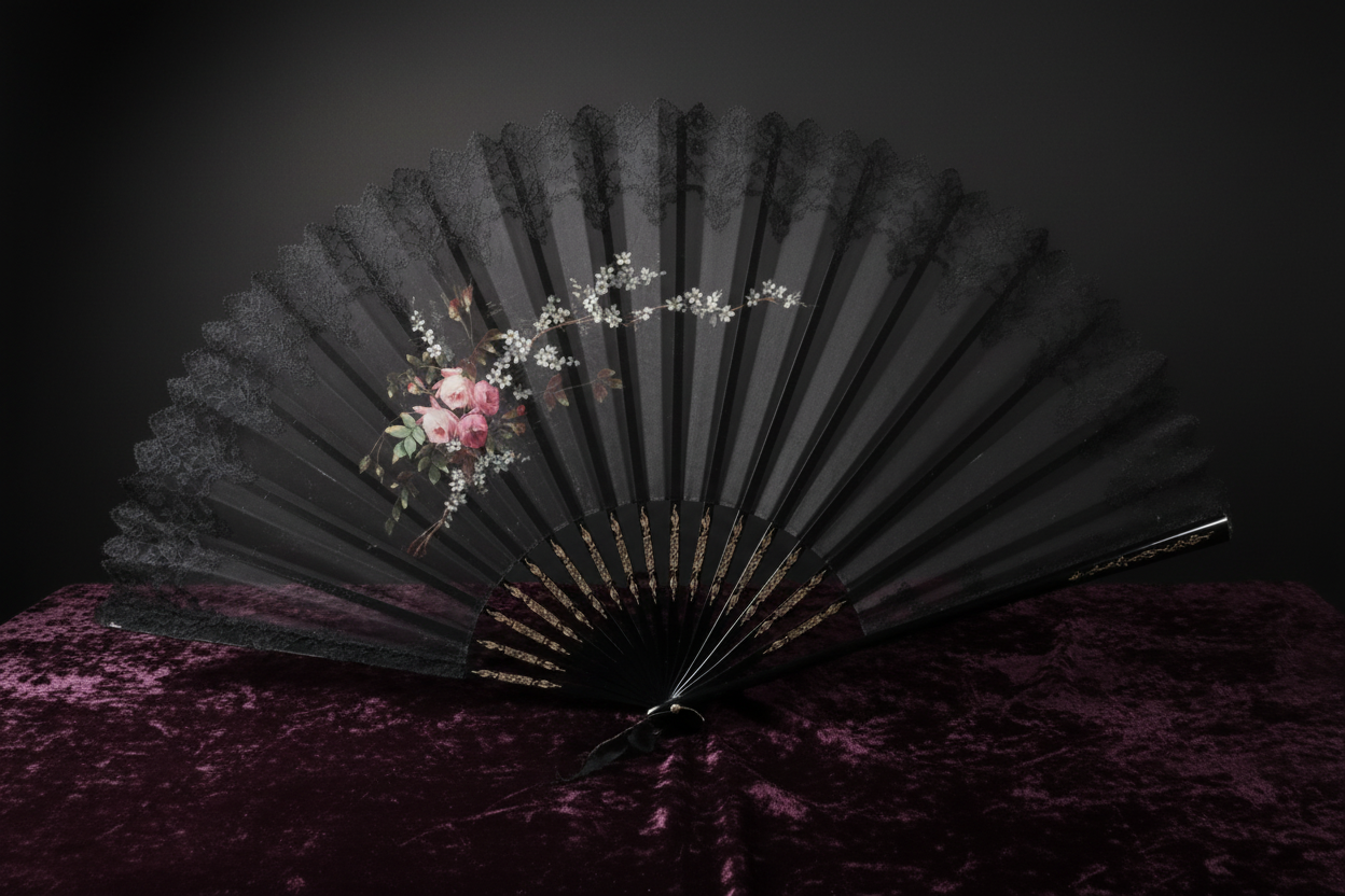 Antique Victorian black lace mourning fan displayed on dark velvet with dramatic lighting