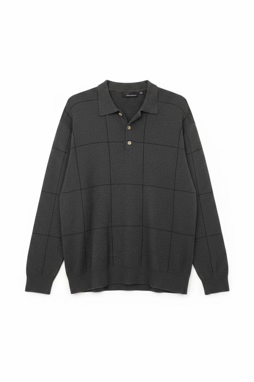 Greg Norman Men's Long-Sleeve Polo Sweater – Size XL Charcoal Windowpane