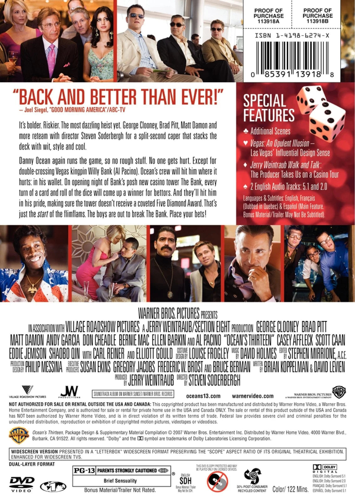 Ocean's Thirteen (DVD, 2007, Widescreen)