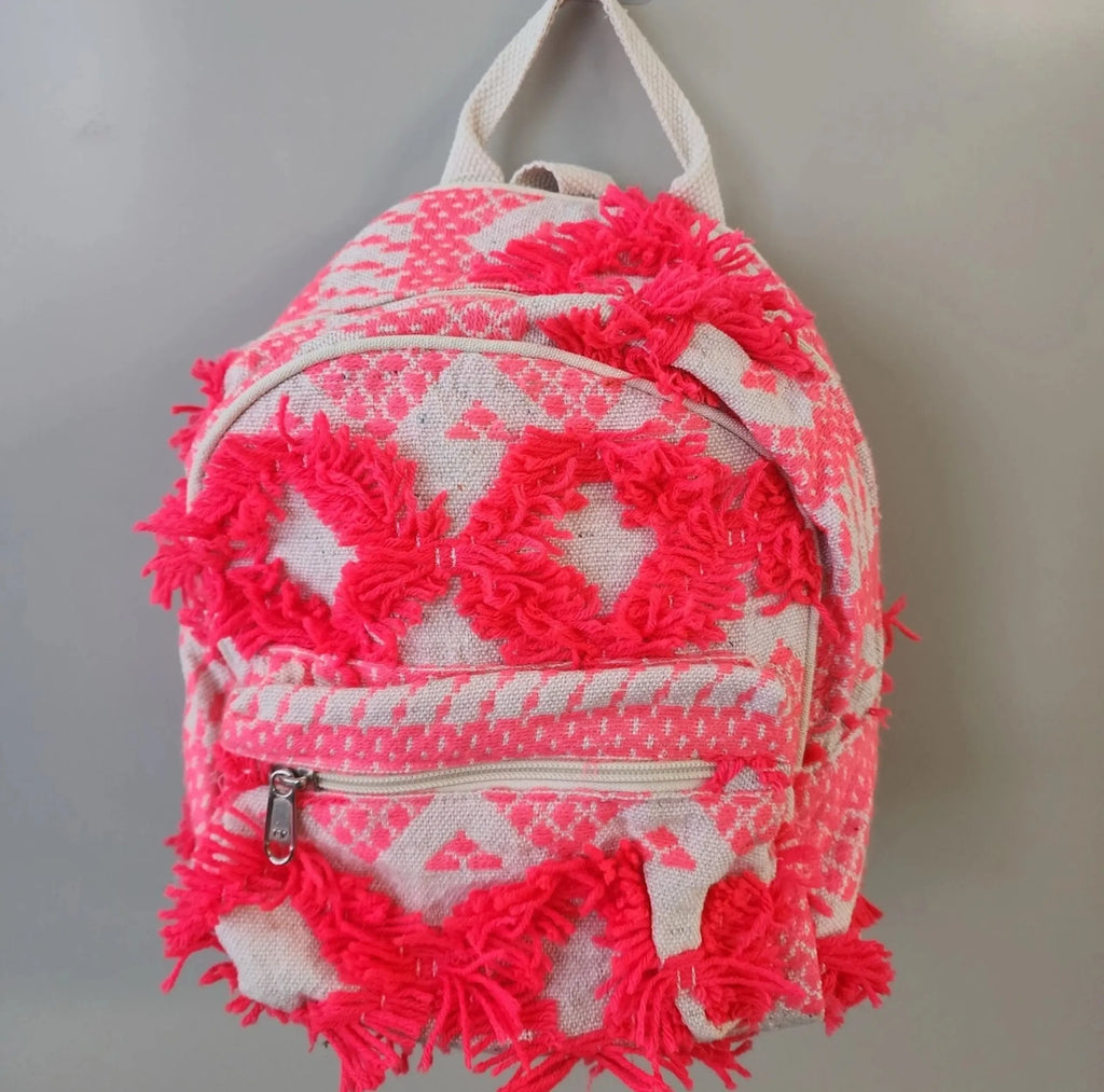 NWT Mini Backpack Purse – Boho Tribal Canvas | Neon Pink & Khaki | Zip Closure