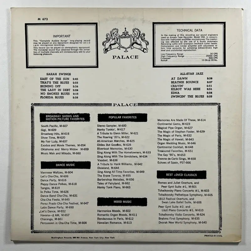 Sarah Vaughan — Sarah Swings LP (Buckingham/Palace M-673)